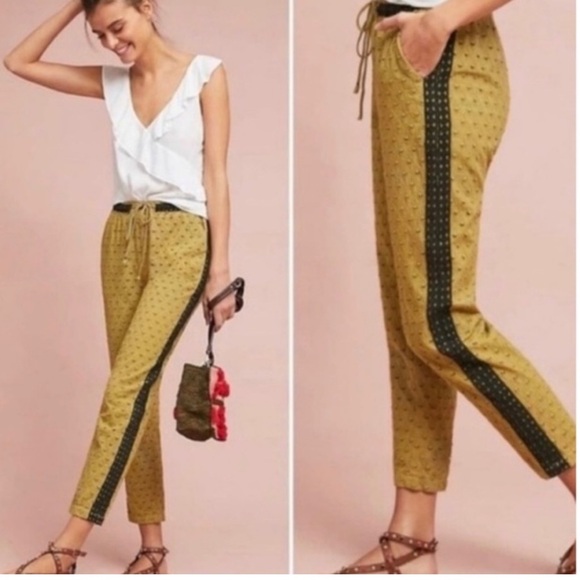 Anthropologie Eyelet Pants Size XS Gold with Black Trim Crochet Drawstring EUC - Picture 1 of 15